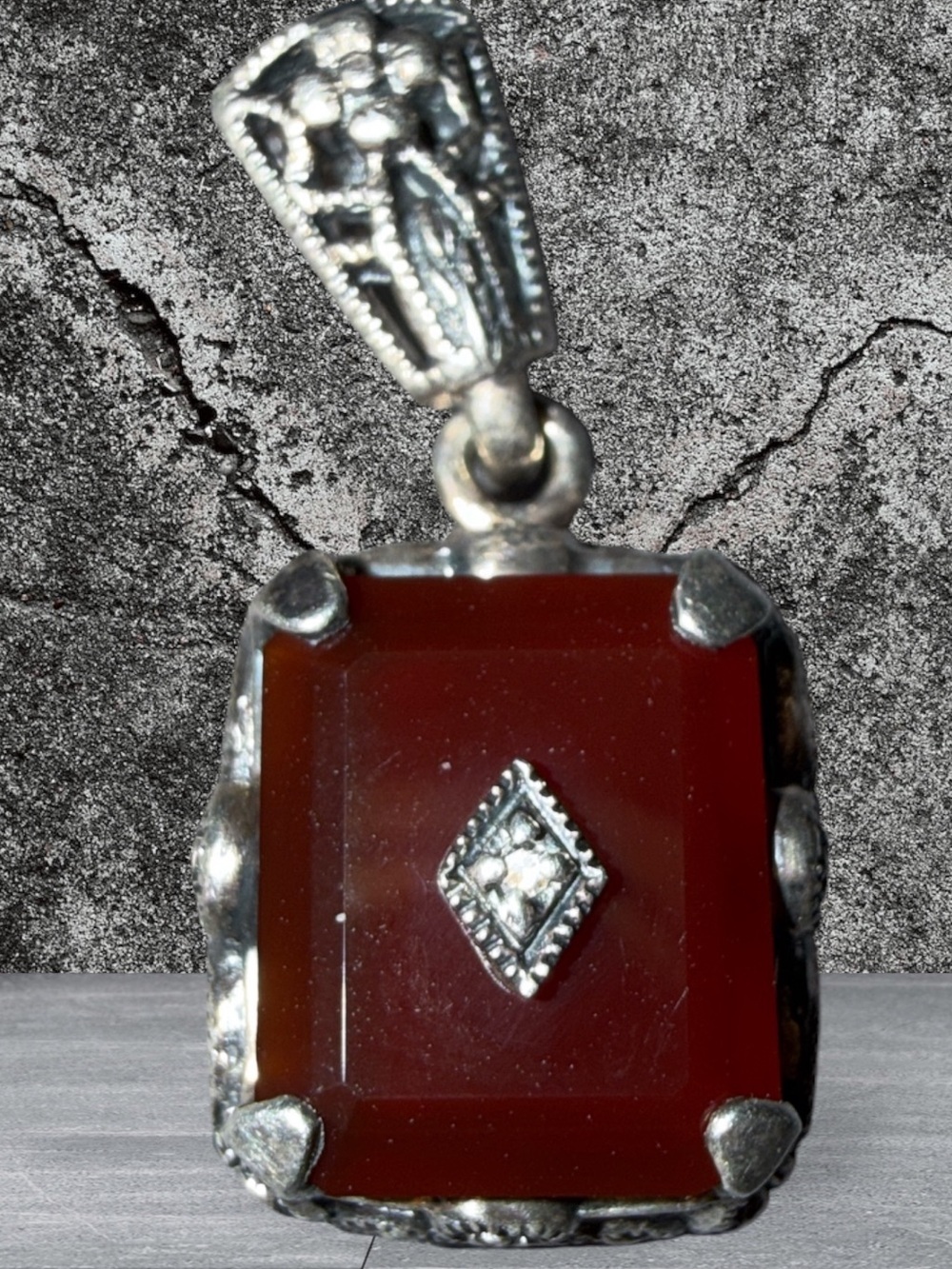 Vintage 925 Thailand Sterling Silver Carnelian Pendant Marcasite Accent